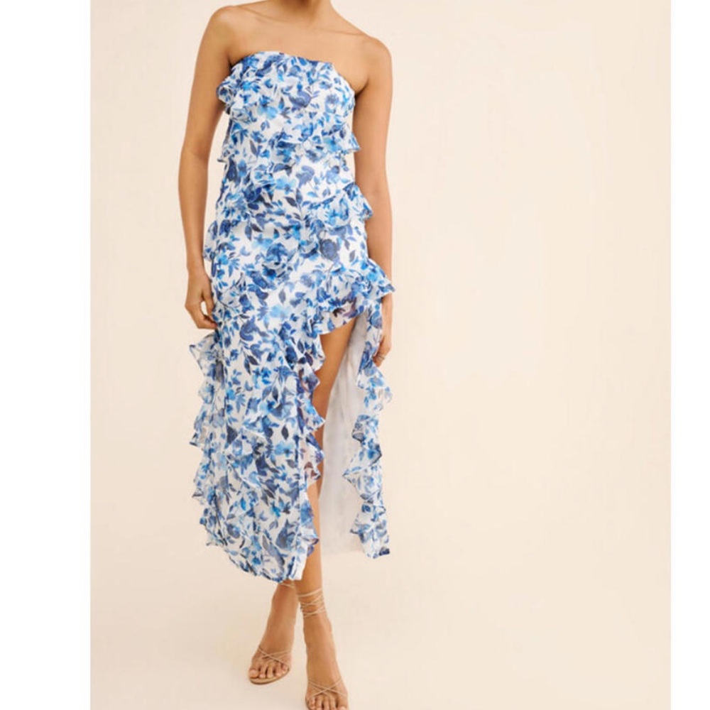 Anthropologie x BHLDN Blue Floral Ruffle Strapless Maxi Dress Size 6